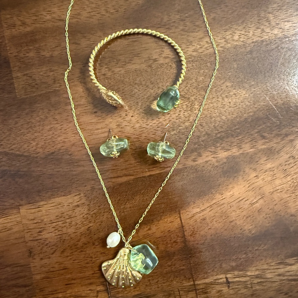 Tory Burch Gold Necklace with Green and Pearl Accents